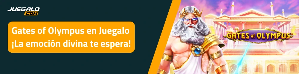 Zeus en el juego Gates of Olympus, con un fondo del templo y el logo del juego.