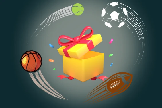 Caja de regalo rodeada de balones deportivos animados.