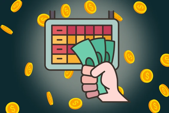 Mano con billetes frente a tabla de apuestas y monedas flotando.