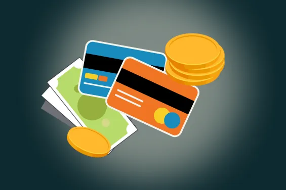 Tarjetas, billetes y monedas doradas representando métodos de depósito.